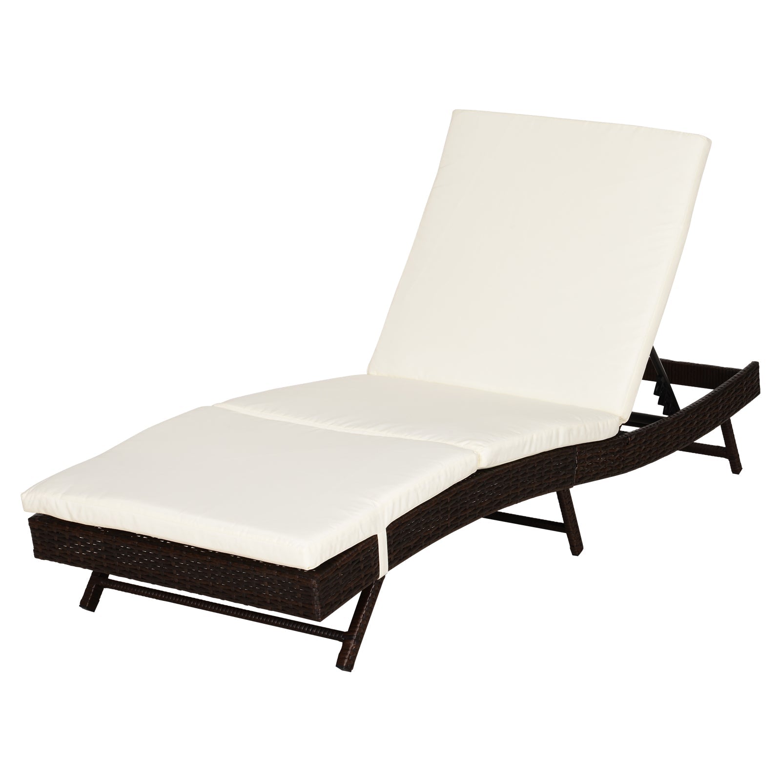 Outsunny Patio Lounger Chair Outdoor Rattan Wicker Chaise 5 Position Back Cream Cushion 