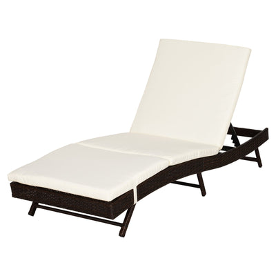 Outsunny Patio Lounger Chair Outdoor Rattan Wicker Chaise 5 Position Back Cream Cushion 