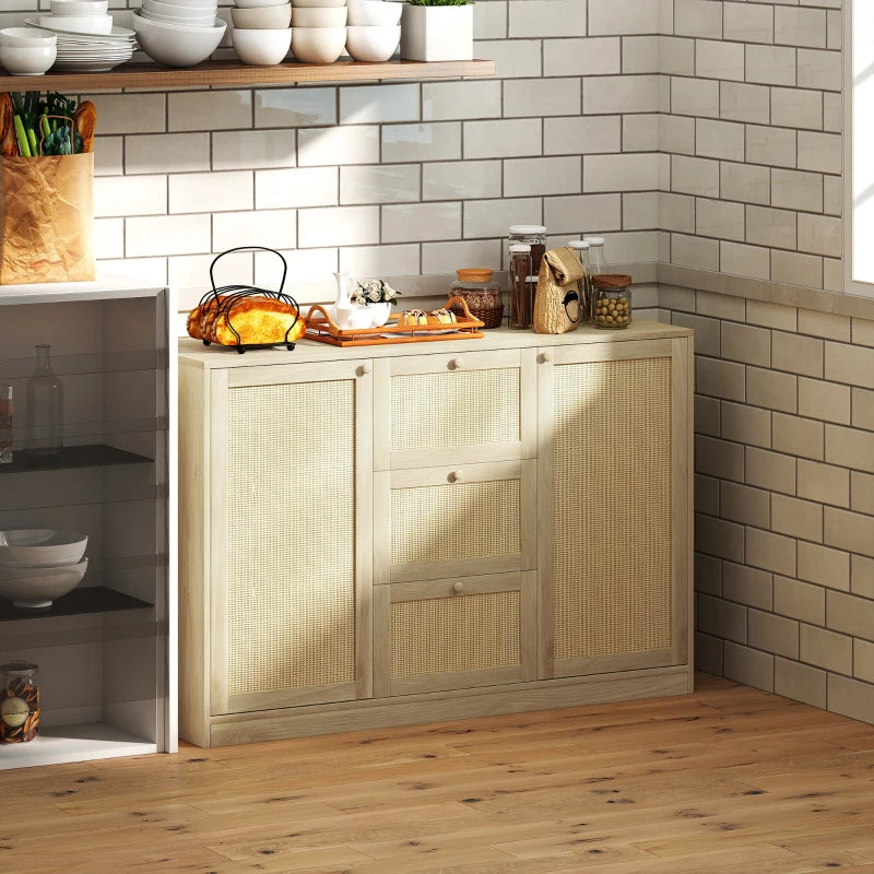 Boho Sideboard Buffet Cabinet, Kitchen Coffee Bar Cabinet with 3 Drawers, 2 Adjustable Shelves and 4 Racks, Natural