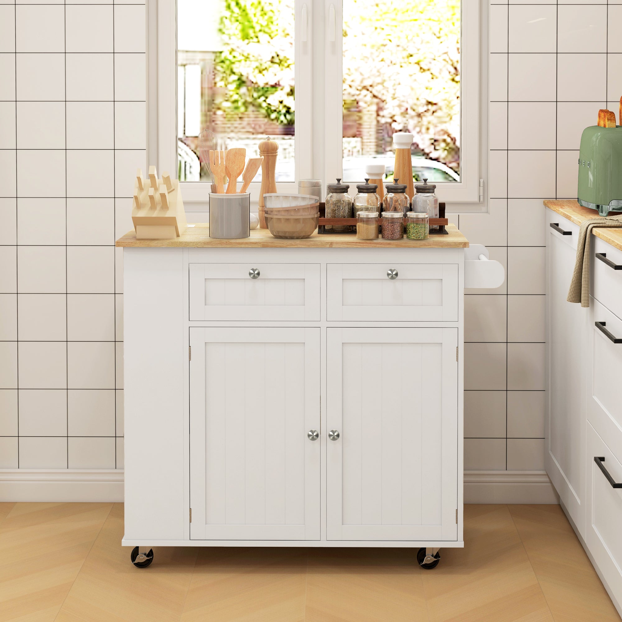 HOMCOM Kitchen Island: Power Outlet, Drop Leaf, Rolling Cart, 2 Drawers, Adjustable Shelves 