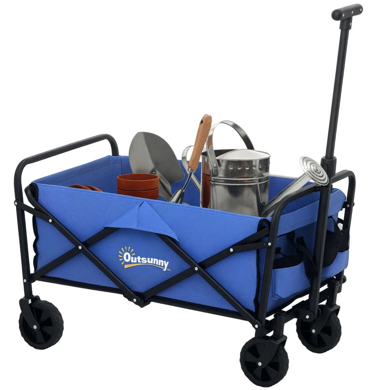 Collapsible Folding Garden Cart, Heavy Duty Lawn Wagon with Universal Wheels and Adjustable Handle, Blue
