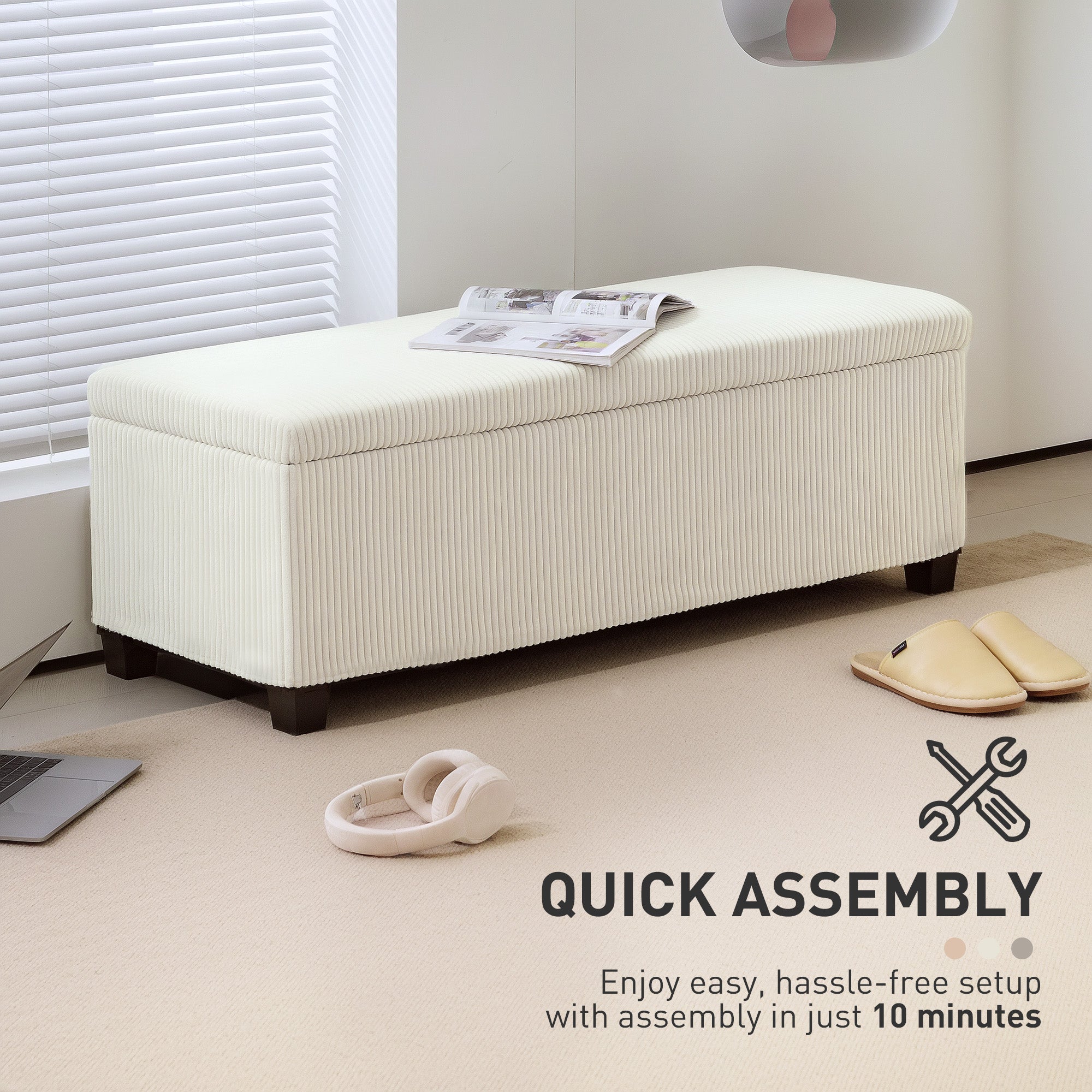 HOMCOM 44 Inches Ottoman with Storage, Lid, Legs, Corduroy End of Bed Bench for Living Room, Bedroom, Entryway, Beige 