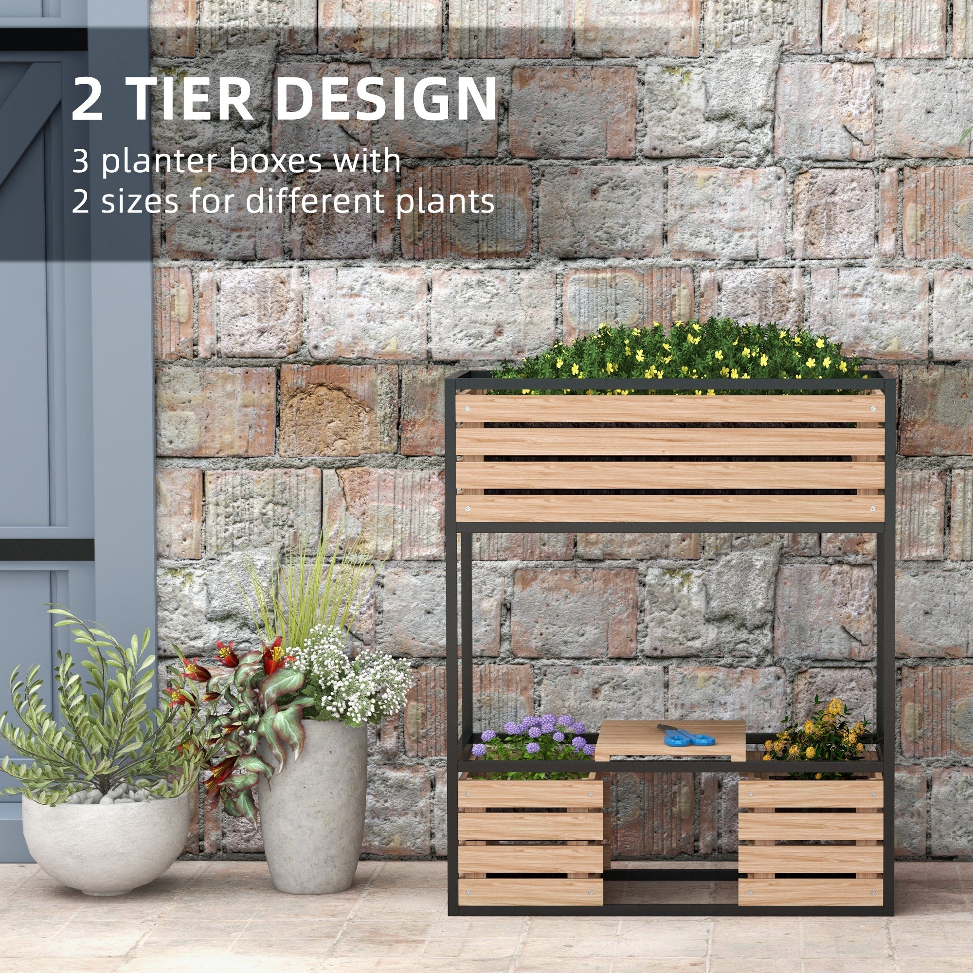 Outsunny Wooden Garden Bed Elegance: Elevated Planter Box with Shelf for Flowers, Vegetables, Herbs, Light Brown 