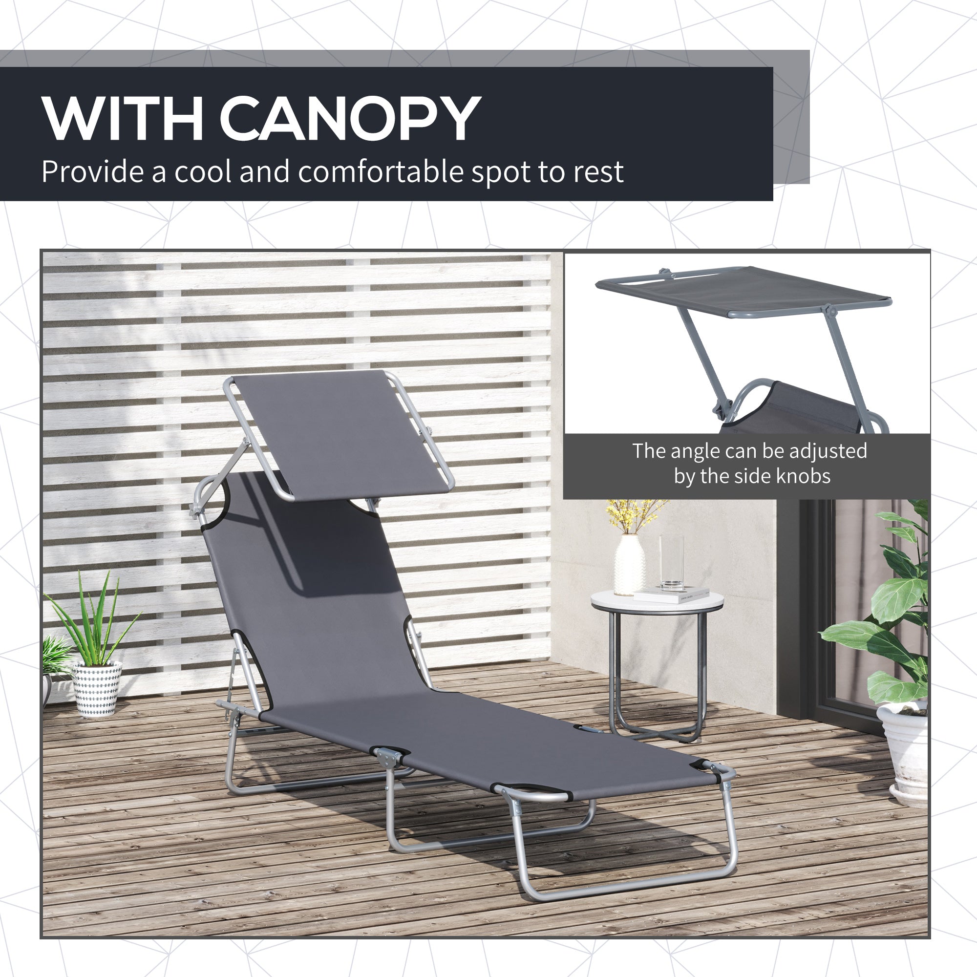 Outsunny Adjustable Garden Outdoor Lounge Chair, Folding Chaise Lounge Bed, Reclining Portable Tanning Chair Seat with Sun Shade, Grey 