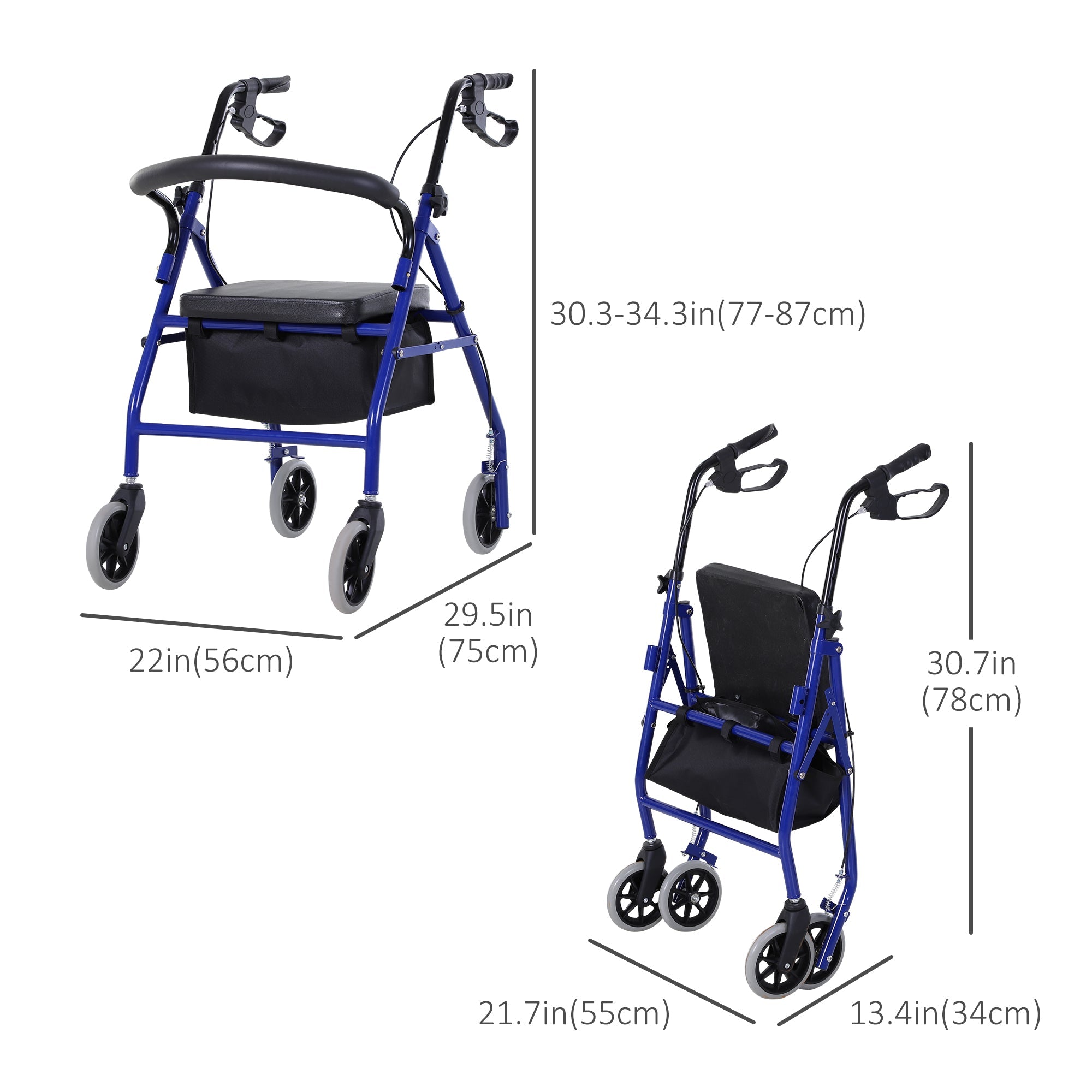 HOMCOM Adjustable Aluminum Rollator Walker: Foldable Drive Medical Wheelchair with Bag 