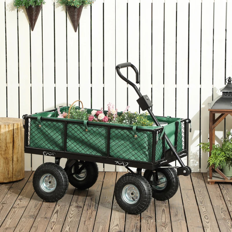Steel Garden Cart, Utility Wagon Cart with Removable Liner, Quick-Release Sides, 10" Wheels, 660lbs Capacity, Green
