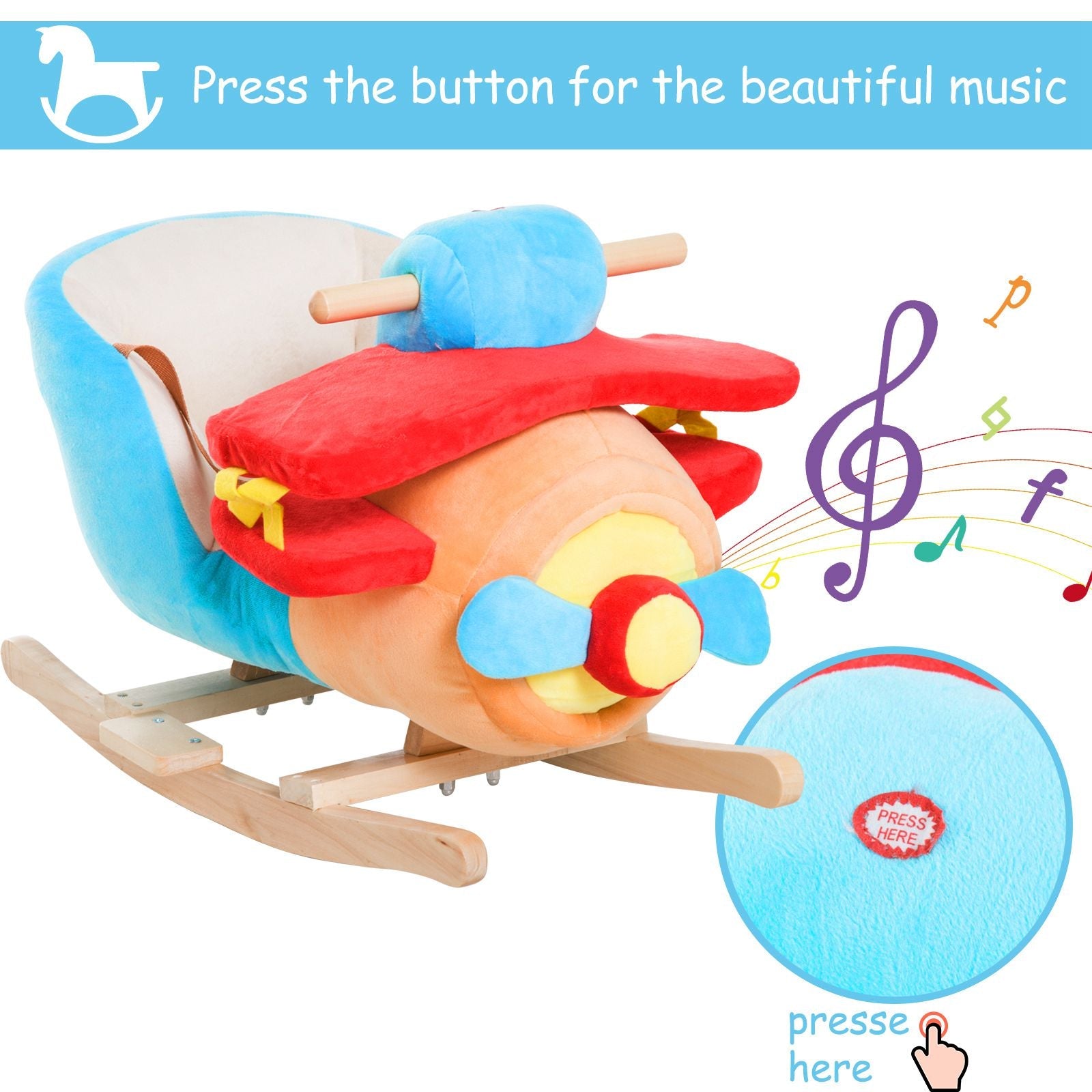 Qaba Kids Wooden Plush Ride-On Rocking Plane Chair Toy for Toddler Boy&Girl with Nursery Rhyme 