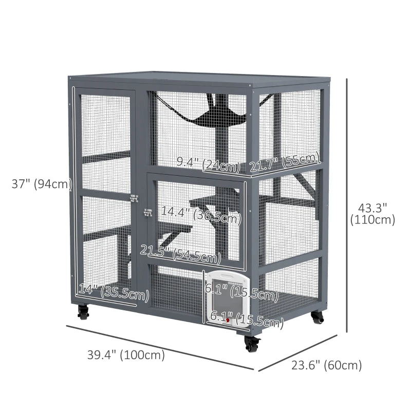 Cat Condo Wooden Indoor Cat House on Wheels with Cat Flap Door Platforms Hammock Openable Top for 2 Cats, Light Grey