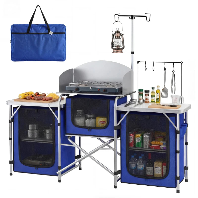Aluminum Camping Kitchen, Portable Folding Camping Table with Fabric Cupboards, Windshield, Bag for BBQ, Picnic, Blue