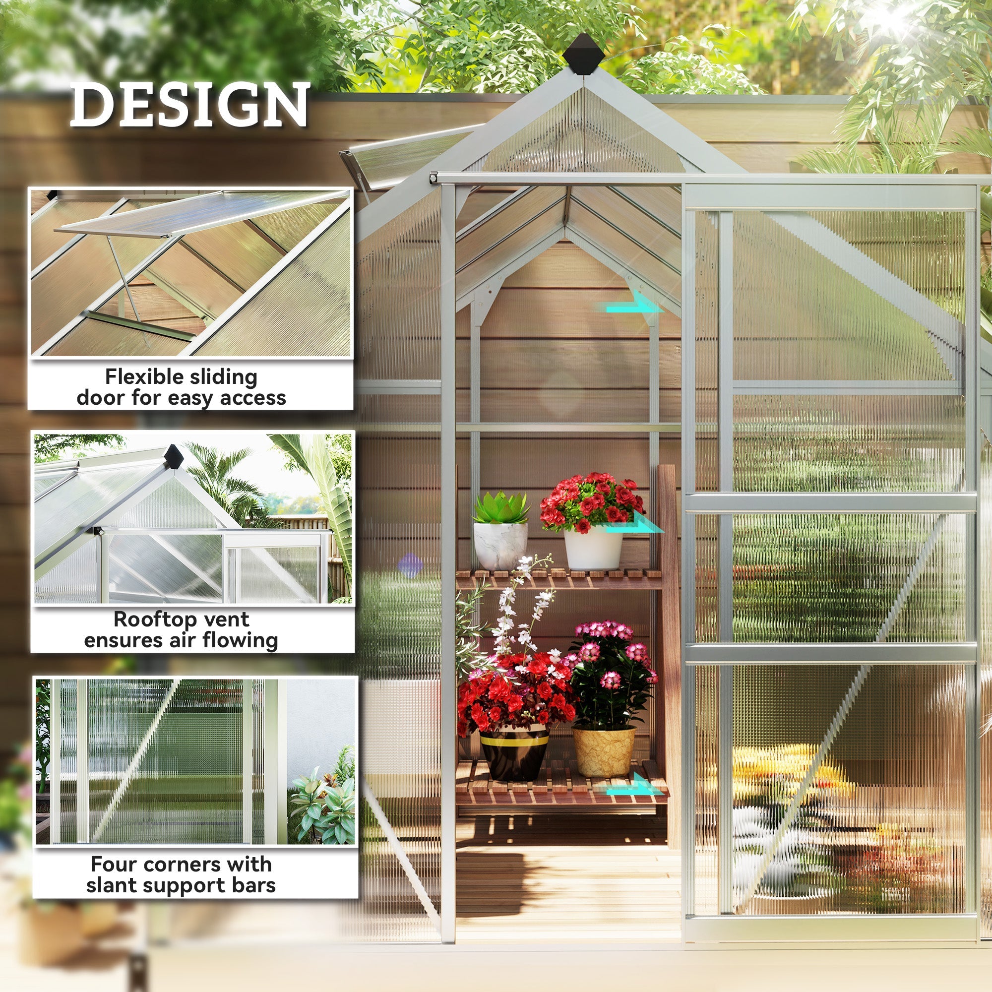 Outsunny 6' x 8' x 6.6' Polycarbonate Greenhouse, Walk-In Green House Kit Garden, Plants Grow, Galvanized Sheet Aluminum Frame with Rain Gutter, Vent and Sliding Door, Silver 