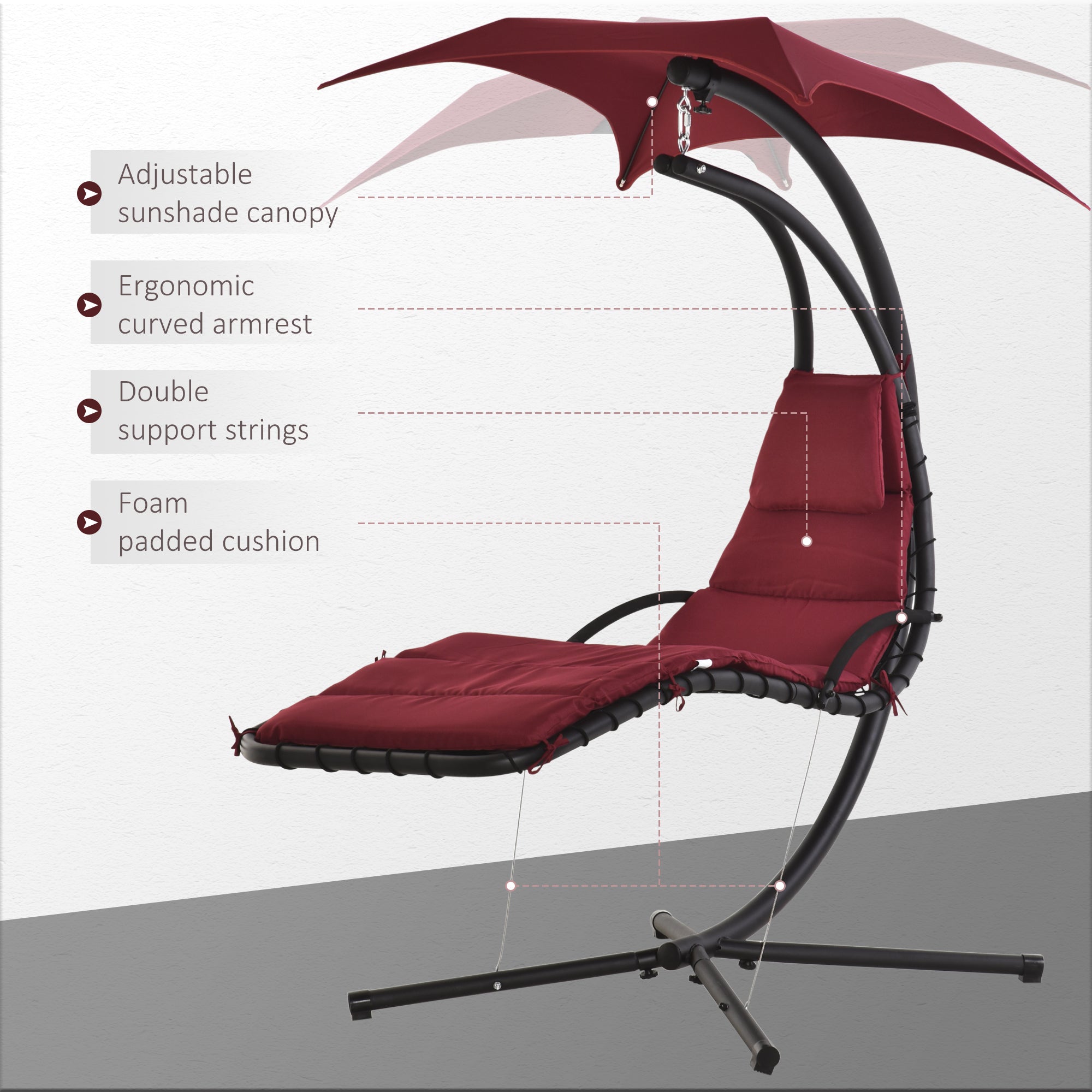 Outsunny Outdoor Patio Swing Chair with Arc Stand Canopy Garden Lounge Wine Red Comfort 