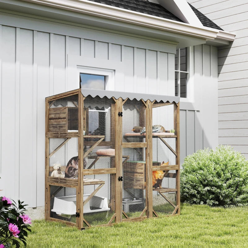 Wooden Catio Outdoor with Window Access, Waterproof Cover, Relaxing Condo, 5 Platforms, Doors, 59" x 28" x 59", Brown