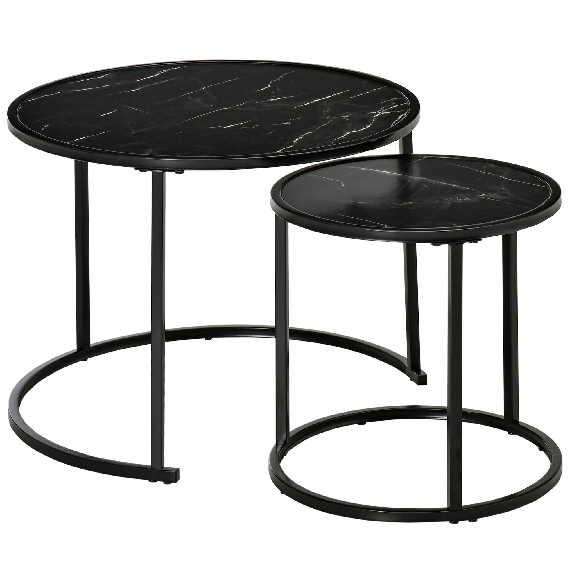 Homcom Black Nesting Coffee Tables: Round Set of 2 with Faux Marble Top & Metal Frame for Modern Style 