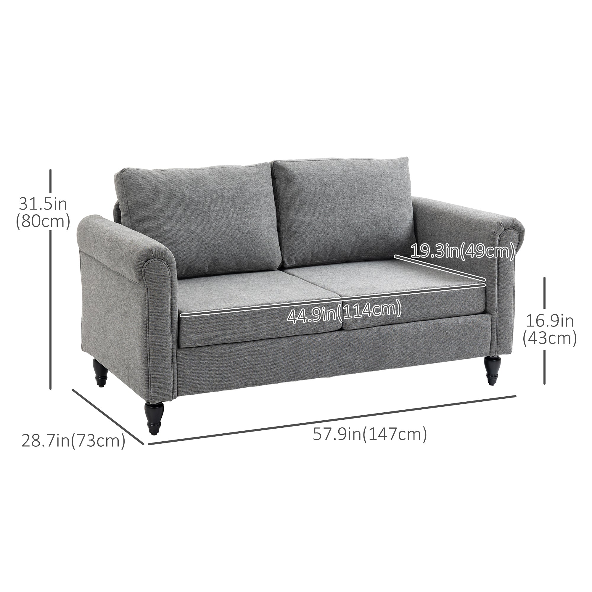 HOMCOM Stylish Loveseat with Curved Armrests Upholstered 2 Seater Sofa with Cushions Rubber Wood Legs Light Grey 