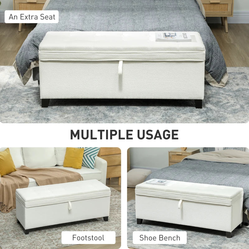 Storage Ottoman Bench, Foot Rest with Safety Hinges, 47 Inches Linen Storage Chest for Living Room, Cream White
