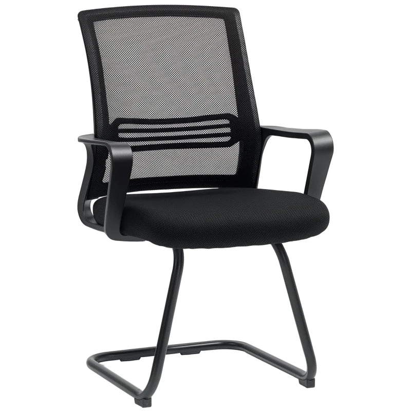 Ergonomic Desk Chair No Wheels, Padded Mesh Office Reception Chair with Sled Base, Black