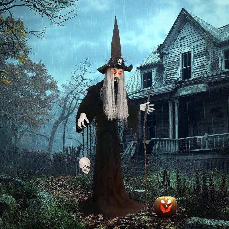 Outsunny 5ft Life-Size Animated Standing Witch – Voice & Sound Activated, Moving Head & Flashing Eyes, Indoor Halloween Prop 