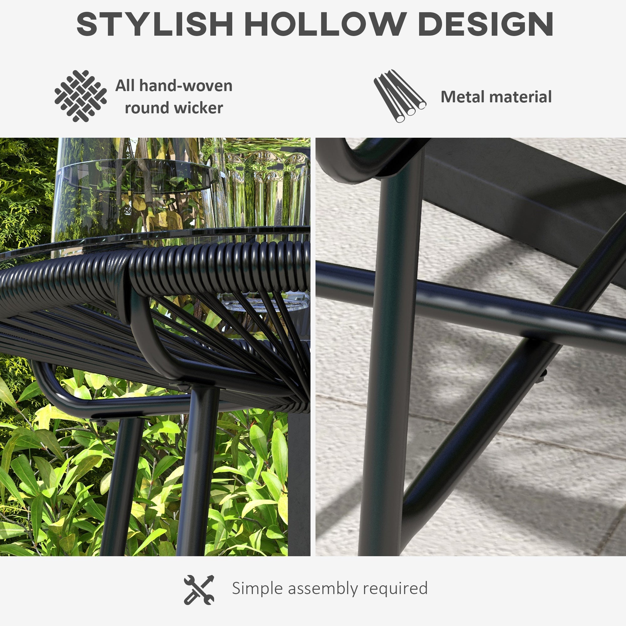 Outsunny Rattan Side Table, Round Outdoor Table, with Round PE Rattan and Tempered Glass Table Top for Patio, Garden, Black 
