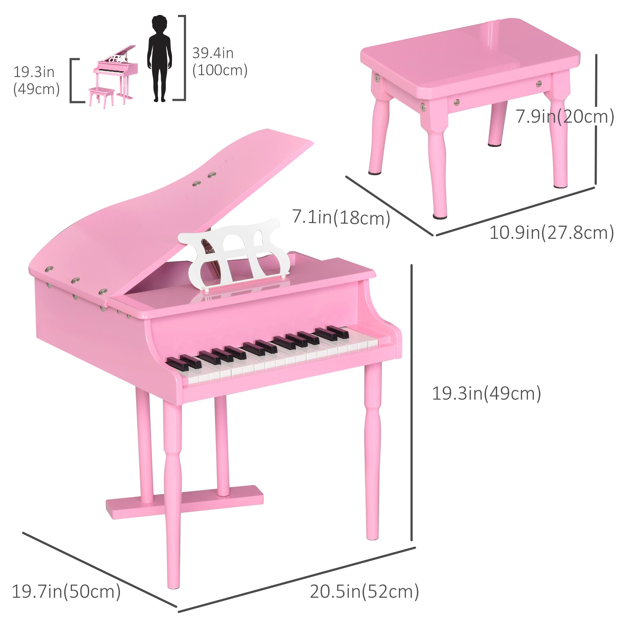 HOMCOM Kids Grand Piano 30 Keys Mini Musical Toy with Music Stand Bench Set of 2 Ideal Gift for Children Pink 