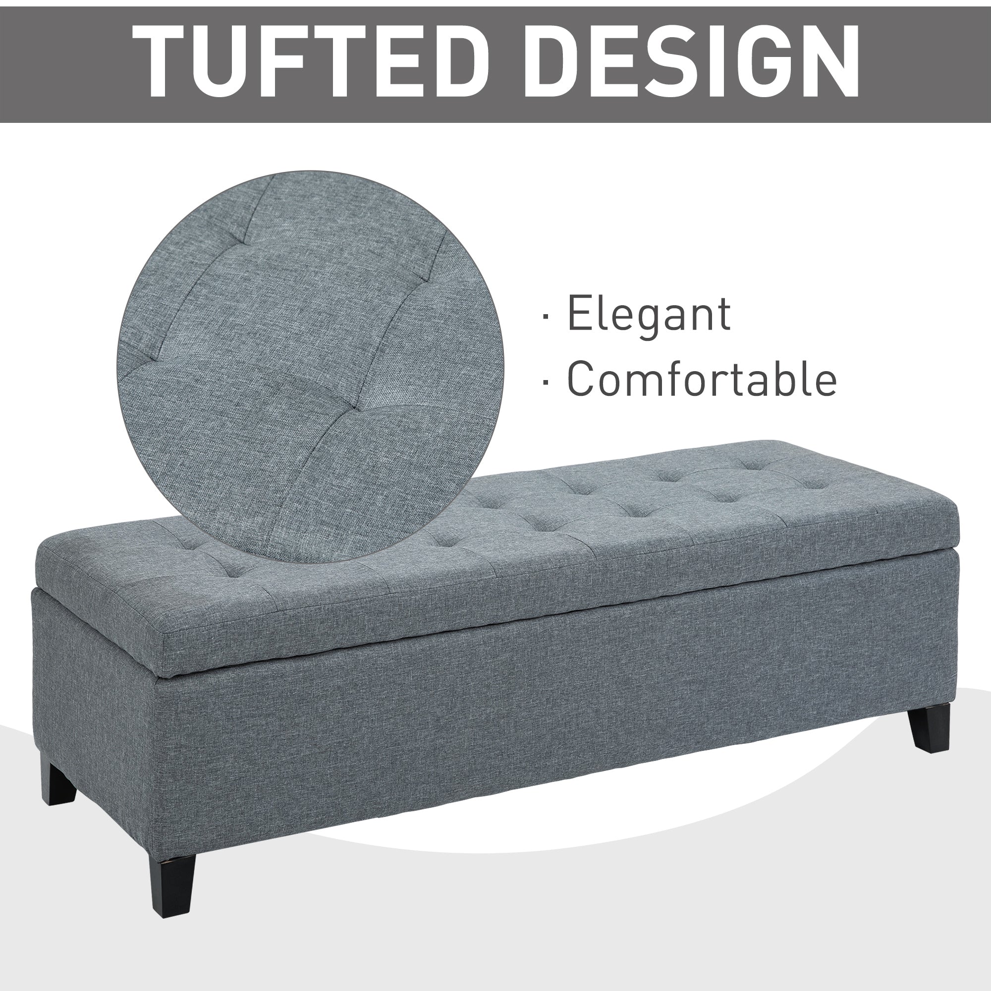 HOMCOM 50" Large Rectangular Ottoman Bench Tufted Linen Fabric Wood Feet Grey Contemporary Living Room Decor 
