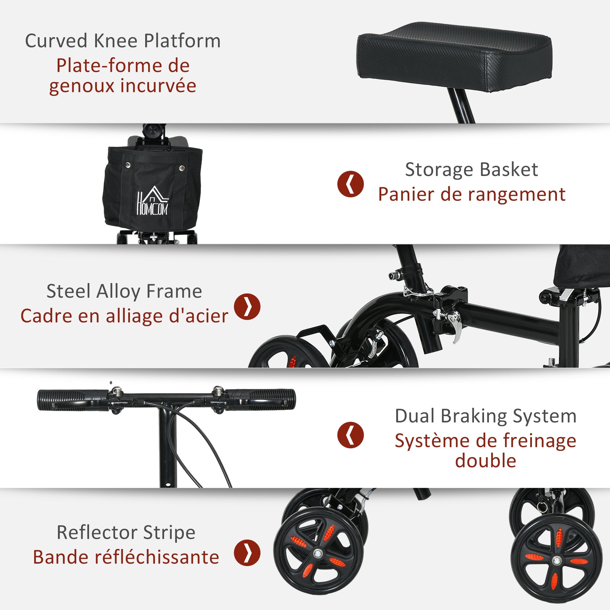 HOMCOM Steerable Knee Walker, Foldable Knee Scooter with Dual Braking System, Adjustable Height, Crutch Alternative, Black 