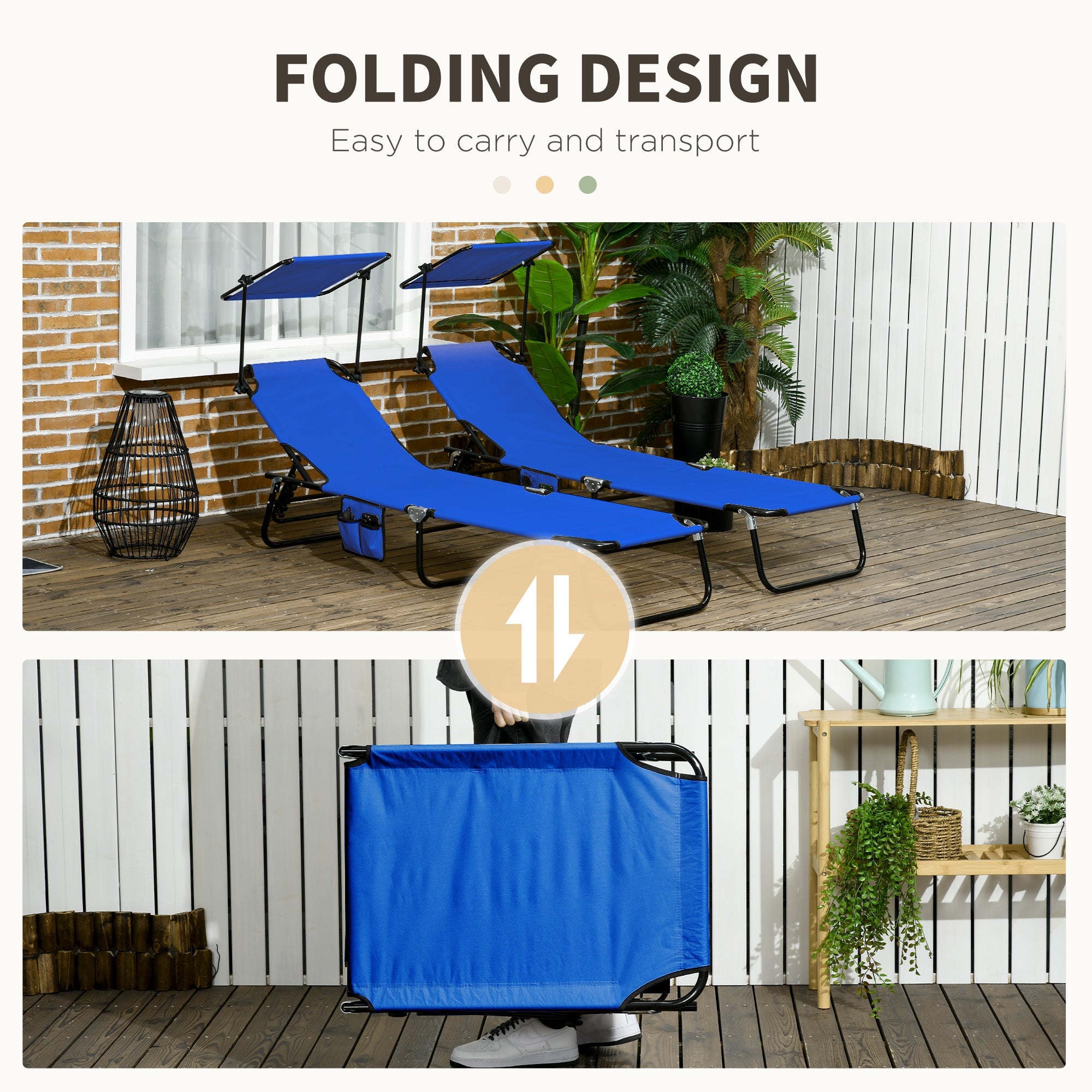 Outsunny 2 Piece Folding Outdoor Chaise Lounges, Pool, Sun, Tanning Chairs with Reclining Back, Sunshade for Beach, Patio, Blue 