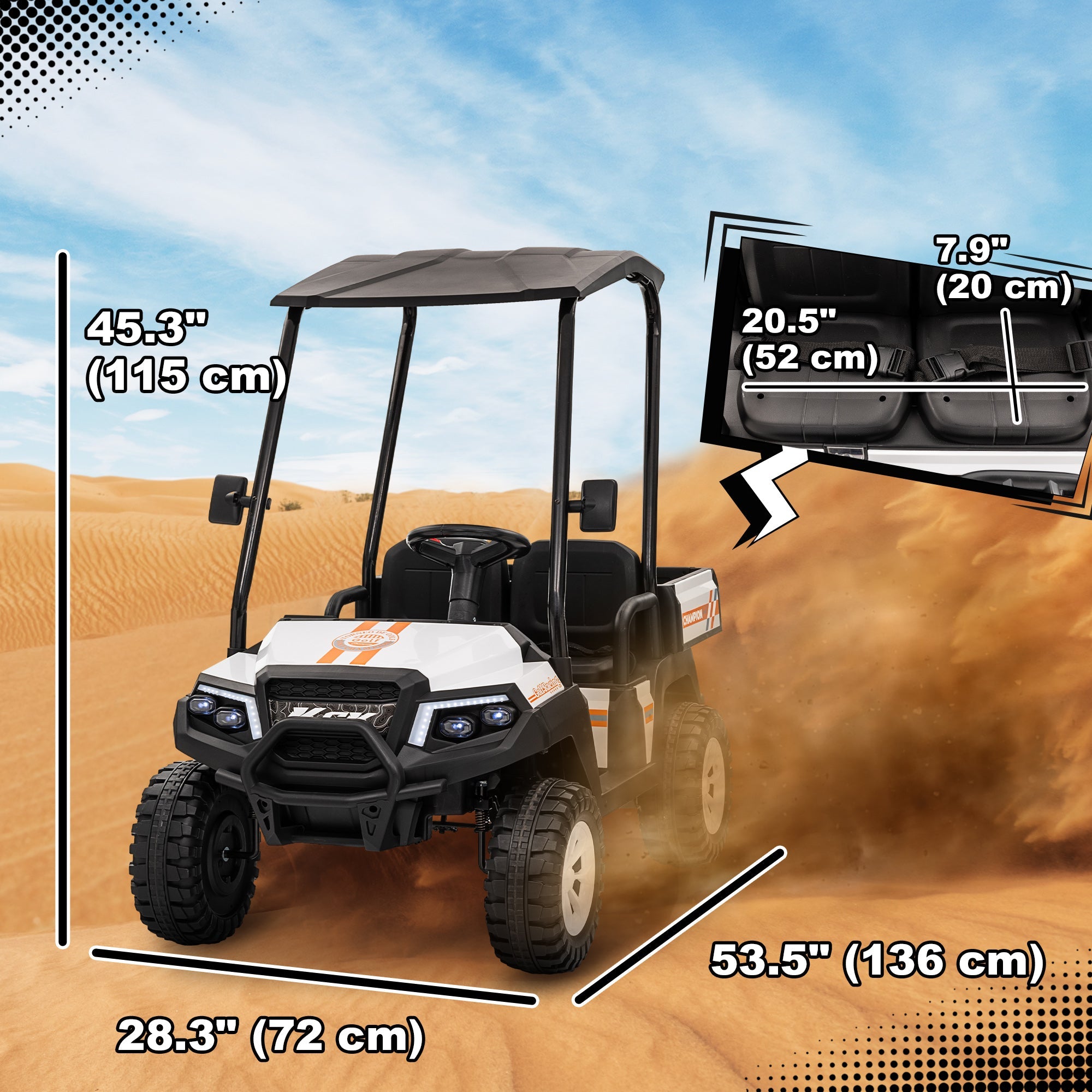 Qaba 24V 2 Seater Electric Car for Kids w/ Remote Control, 4 Wheels Spring Suspension, Soft Start, Storage, Sunshade, White 