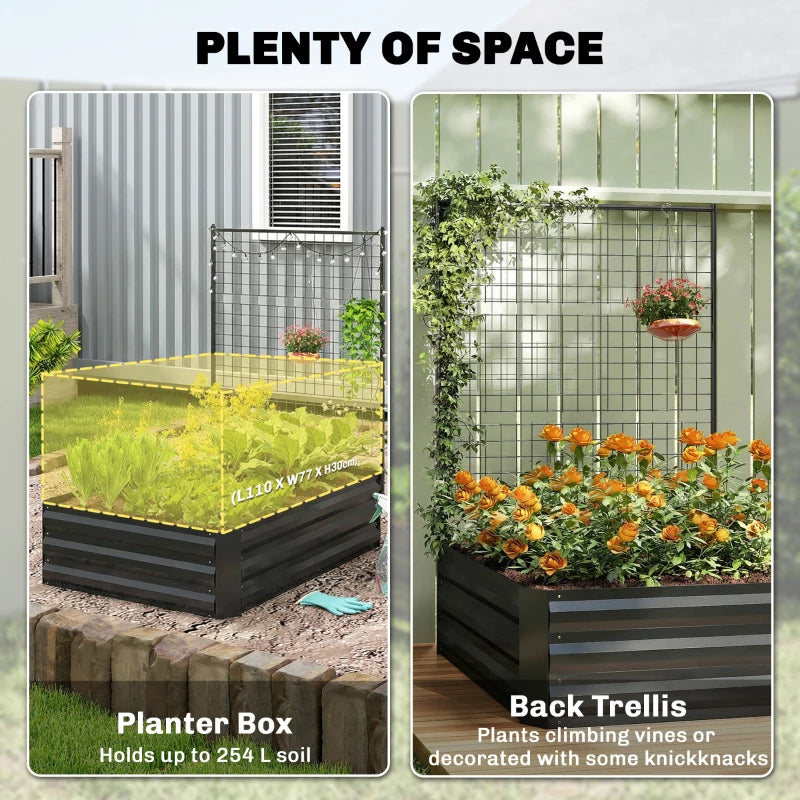 Galvanized Raised Garden Bed with Trellis for Climbing Plants, Outdoor Planter Box with Open Bottom, Black