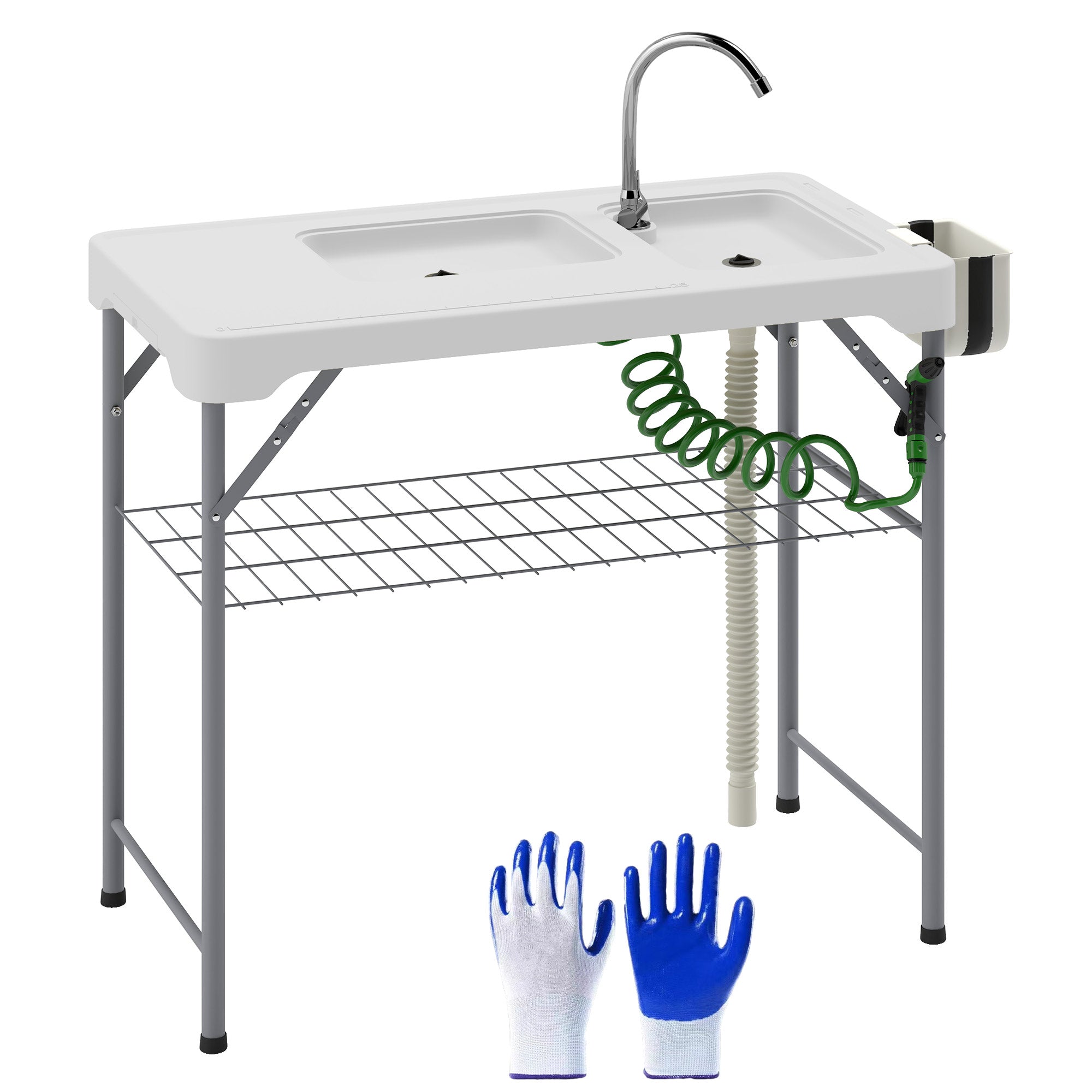 Outsunny Folding Fish Cleaning Table with Sinks, Camping Sink with Faucet Drainage Hose Sprayer Shelf Drawer Storage Basket, Outdoor Sink Station for Beach Patio Picnic, White 