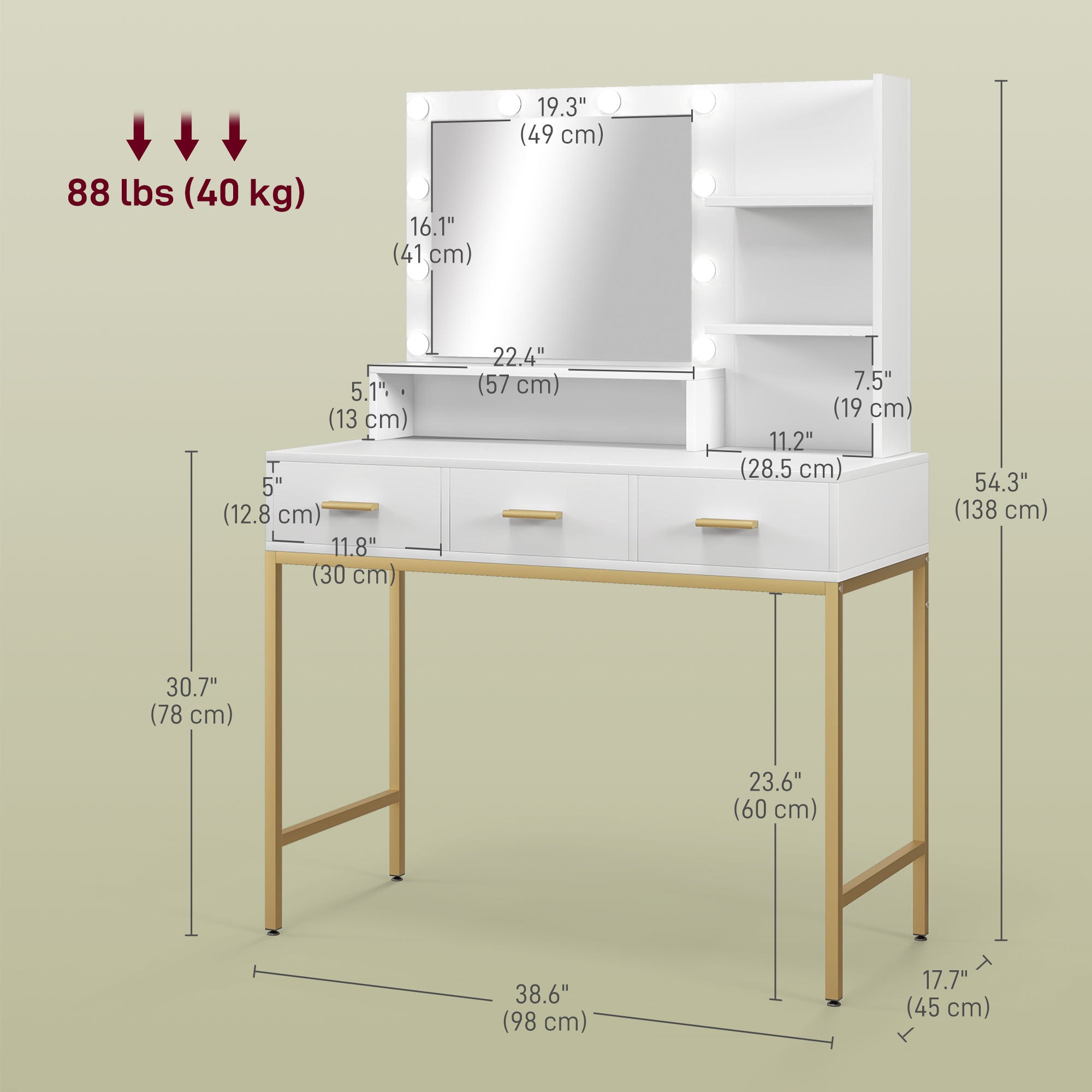 HOMCOM Illuminated Dressing Table, LED Vanity Table with Mirror, 3 Drawers and Storage Shelves for Bedroom, White 