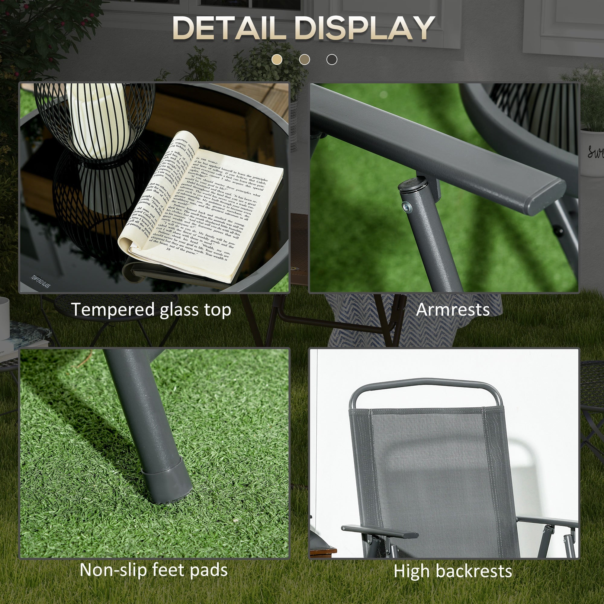 Outsunny 3 Pieces Bistro Set, Foldable Patio Furniture Set with Mesh Chairs, Glass Table for Garden, Balcony, Charcoal Grey 