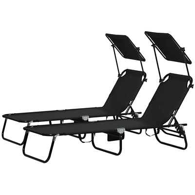 Outsunny Outdoor Chaise Lounge Chairs Set of 2 with Recliner Back and Sunshade for Pool Beach Patio Black 
