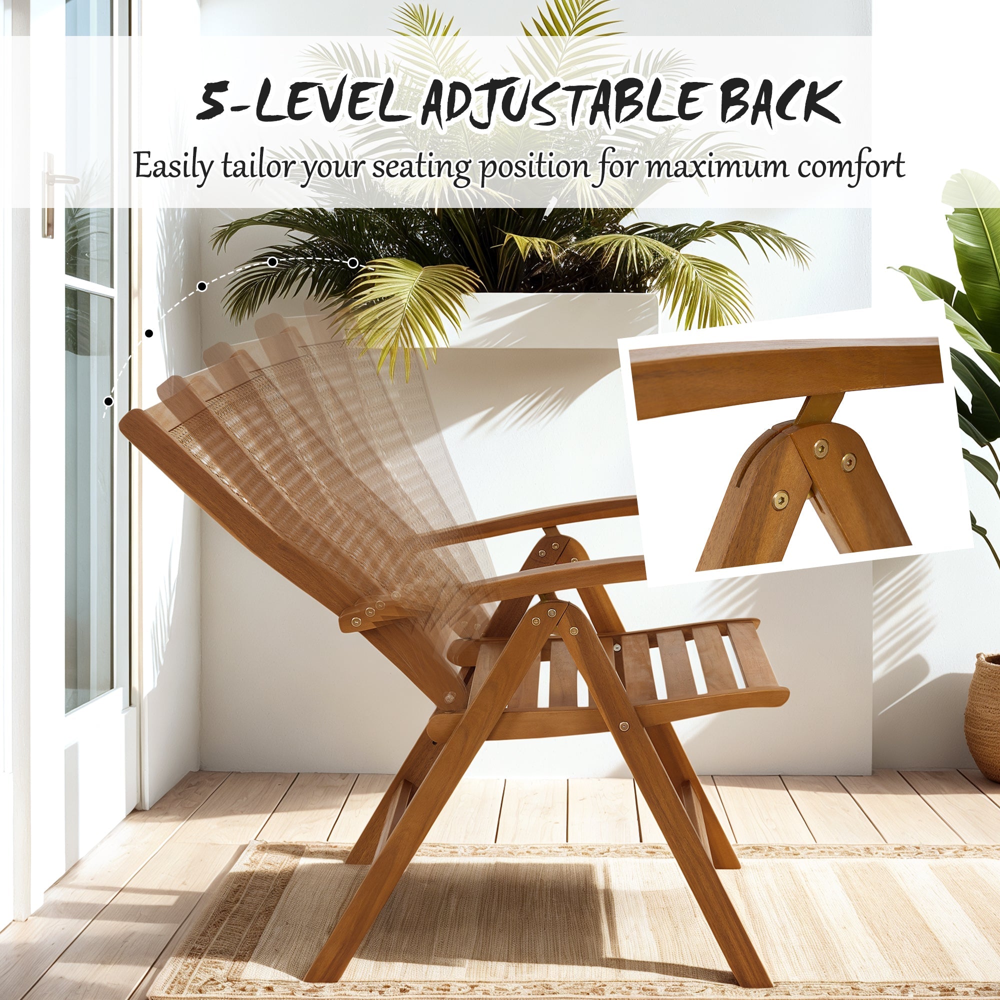 Outsunny Outdoor Folding Chair with Adjustable Back, Wood Foldable Camping Chair with Slatted Seat, Armrest, Teak 