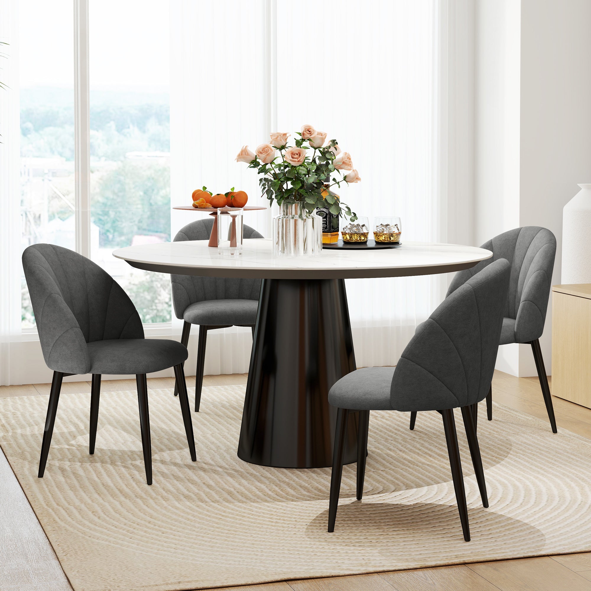 HOMCOM Modern Dining Chairs Set of 4, Upholstered Dining Room Chairs with Metal Legs, Shell Backrest, Padded Seat, Dark Grey 