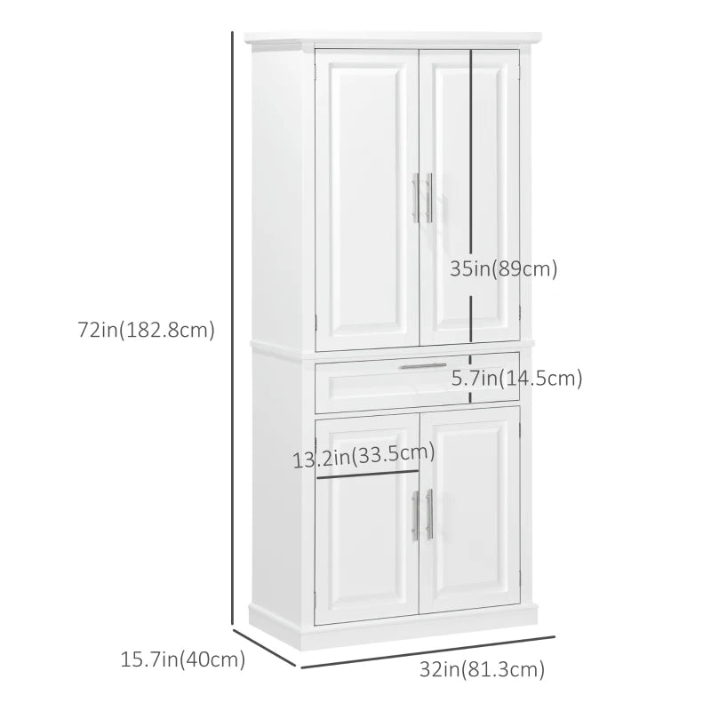 72" Kitchen Pantry Cabinet, Freestanding Storage Cabinet, 4-Door Cabinet with Drawer and Adjustable Shelves, White