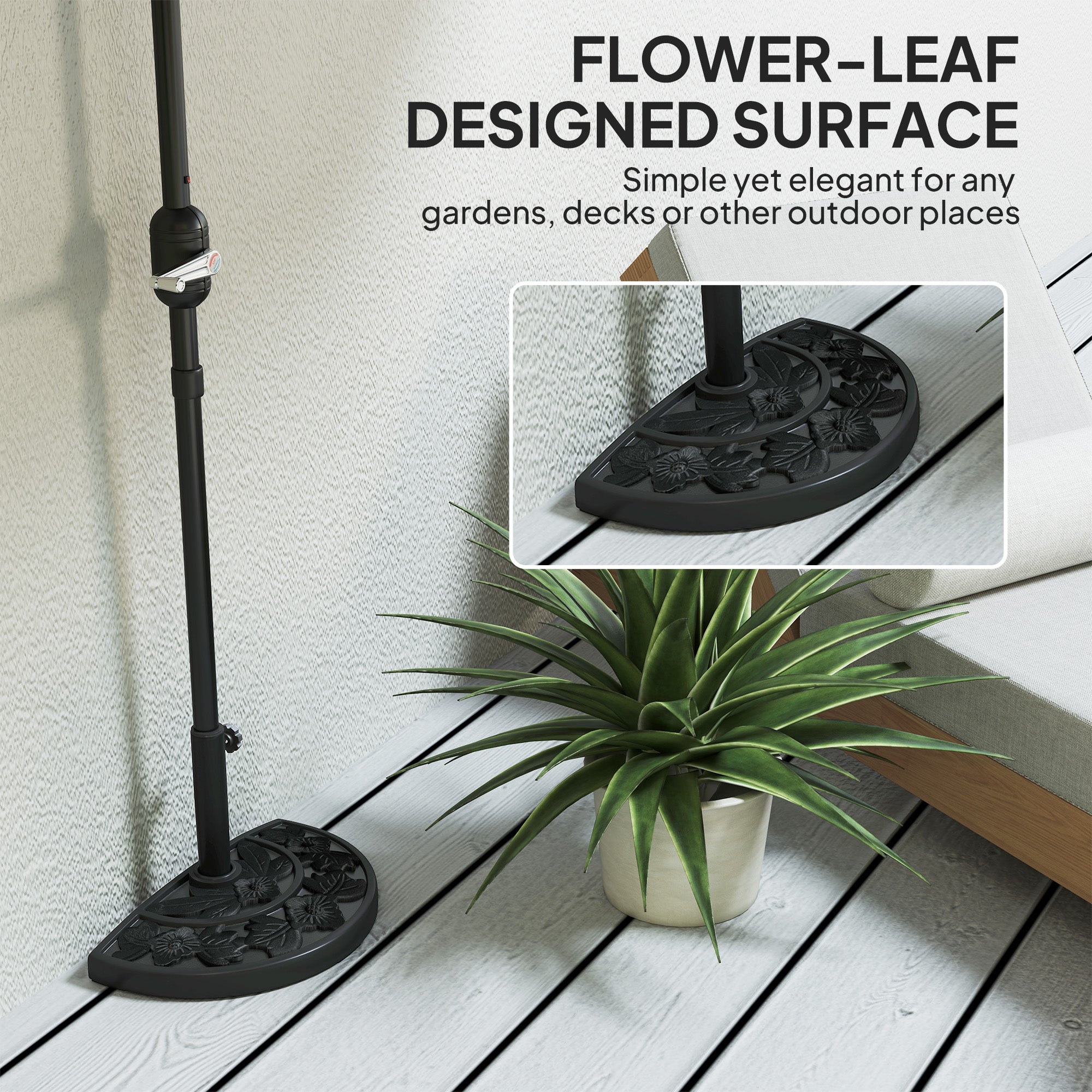 Outsunny Half Umbrella Base, 21 lbs Concrete Half Umbrella Stand Outdoor Umbrella Base with Flower-Leaf Design, Patio Umbrella Stand for Outdoor Lawn Poolside, Black 