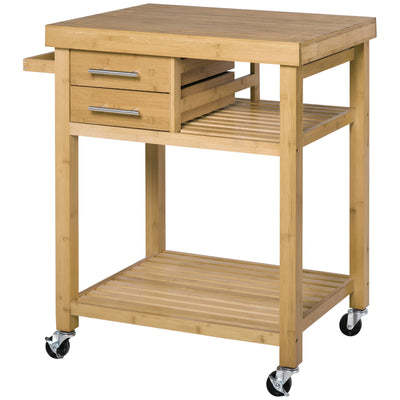 HOMCOM Bamboo Bounty: Kitchen Island Trolley Rolling Utility Cart with Wheels, Drawers, Shelves for Living Room 
