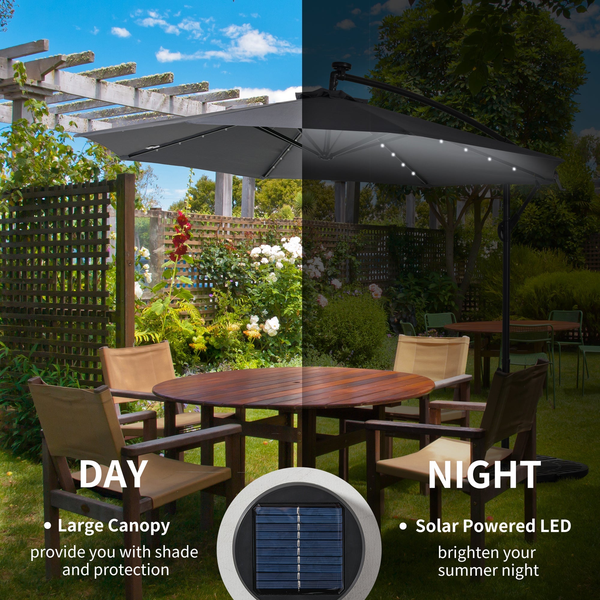 Outsunny 10ft Outdoor Cantilever Umbrella with Solar Lights Banana Adjustable Angle for Patio Backyard Dark Gray 