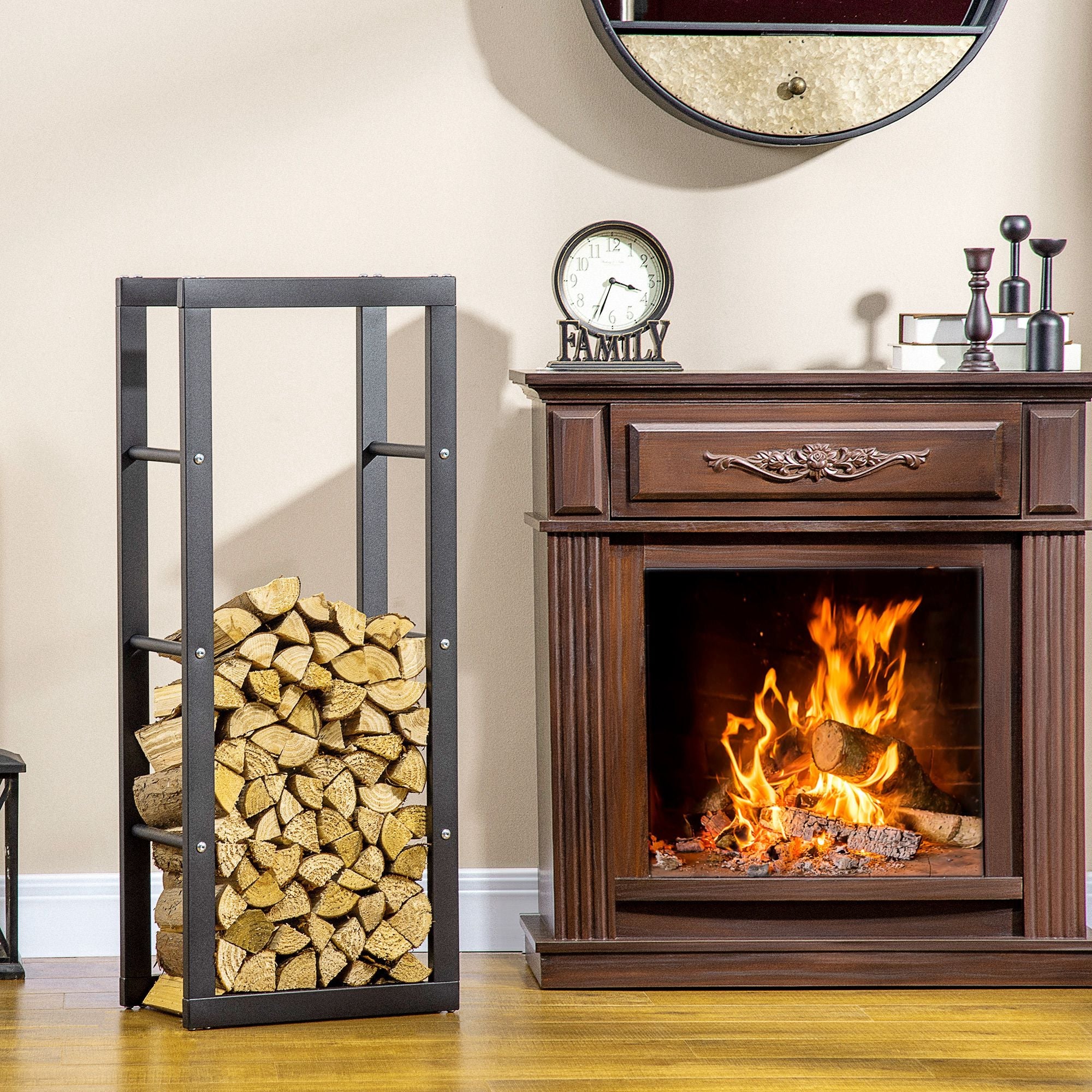 HOMCOM 16 Firewood Rack Log Holder Fireplace Storage Handles 220 lbs Weight Capacity Black 