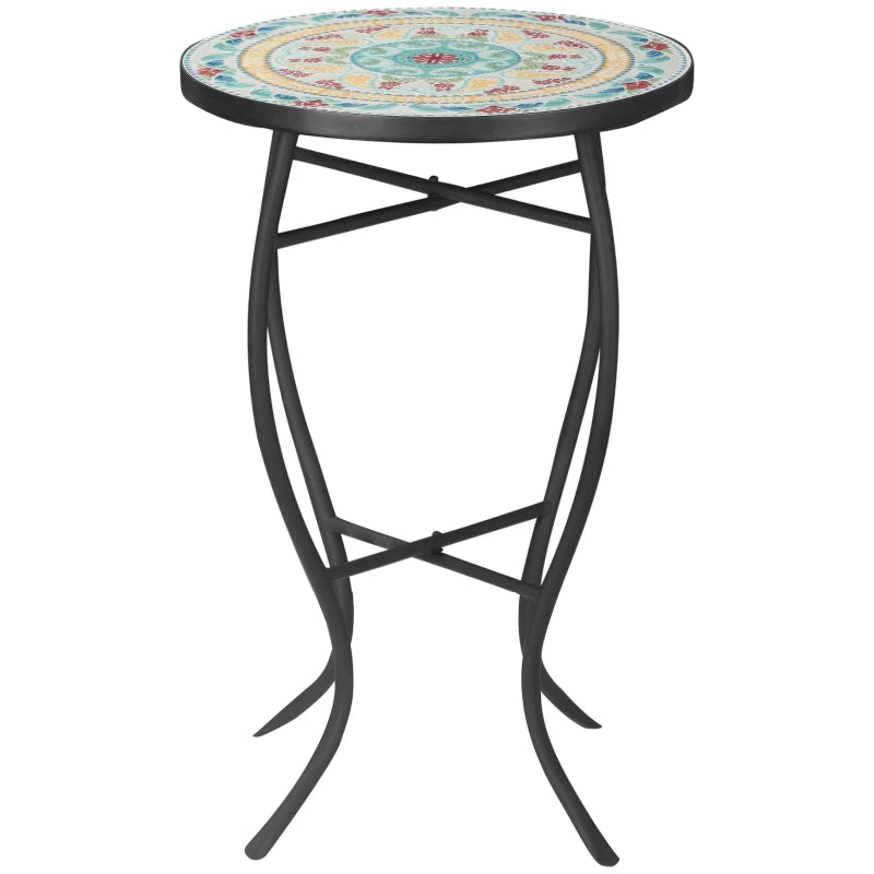 Mosaic Patio Table, Round Coffee Table with Metal Frame, Garden Furniture for Outdoor, Poolside, Multicolor