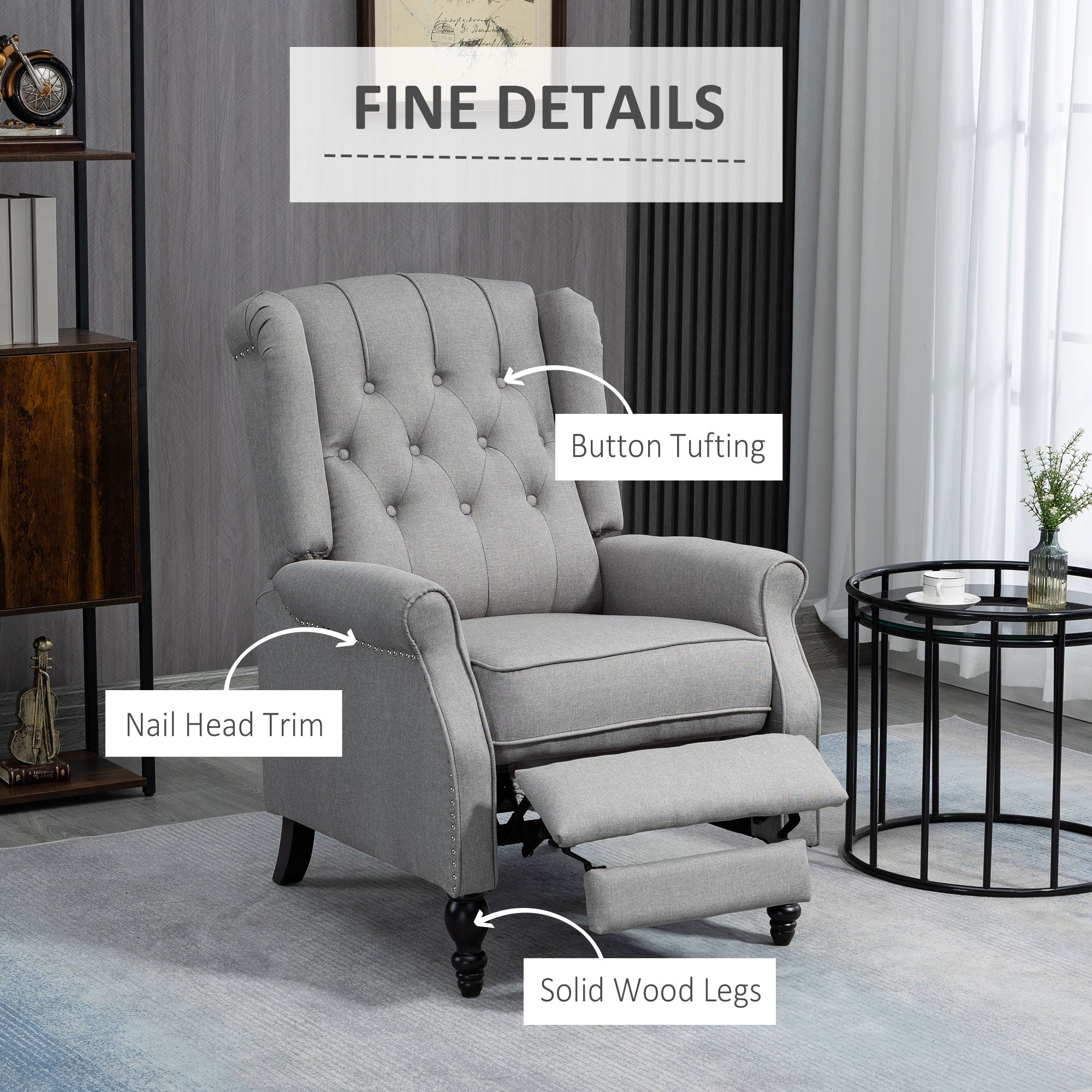 HOMCOM Luxury Manual Reclining Sofa Fabric Push Back Chair Button Tufted & Nail Head Trim Cozy Armrest Light Gray 