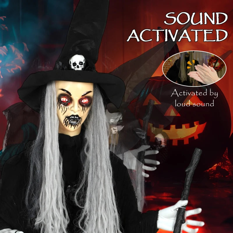 Outsunny 5ft Life-Size Animated Standing Witch – Voice & Sound Activated, Moving Head & Flashing Eyes, Indoor Halloween Prop 