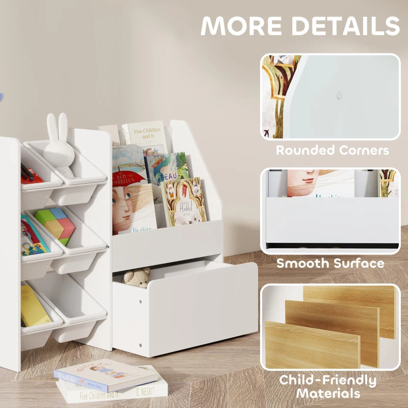 Qaba Kids Bookshelf and Toy Storage, 3-Tier Bookcase with 6 Removable Bins and Box for Toddler Nursery Playroom, White