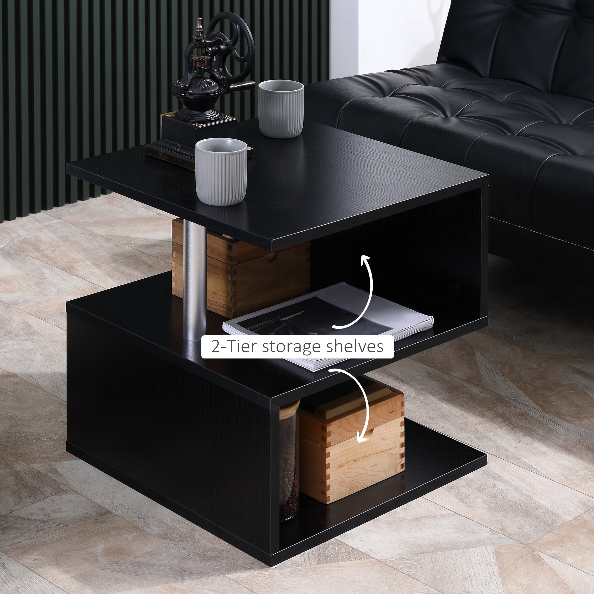 HOMCOM S-Shaped Side Table: 3-Tier Black Storage Shelves & Versatile Coffee Table Design 