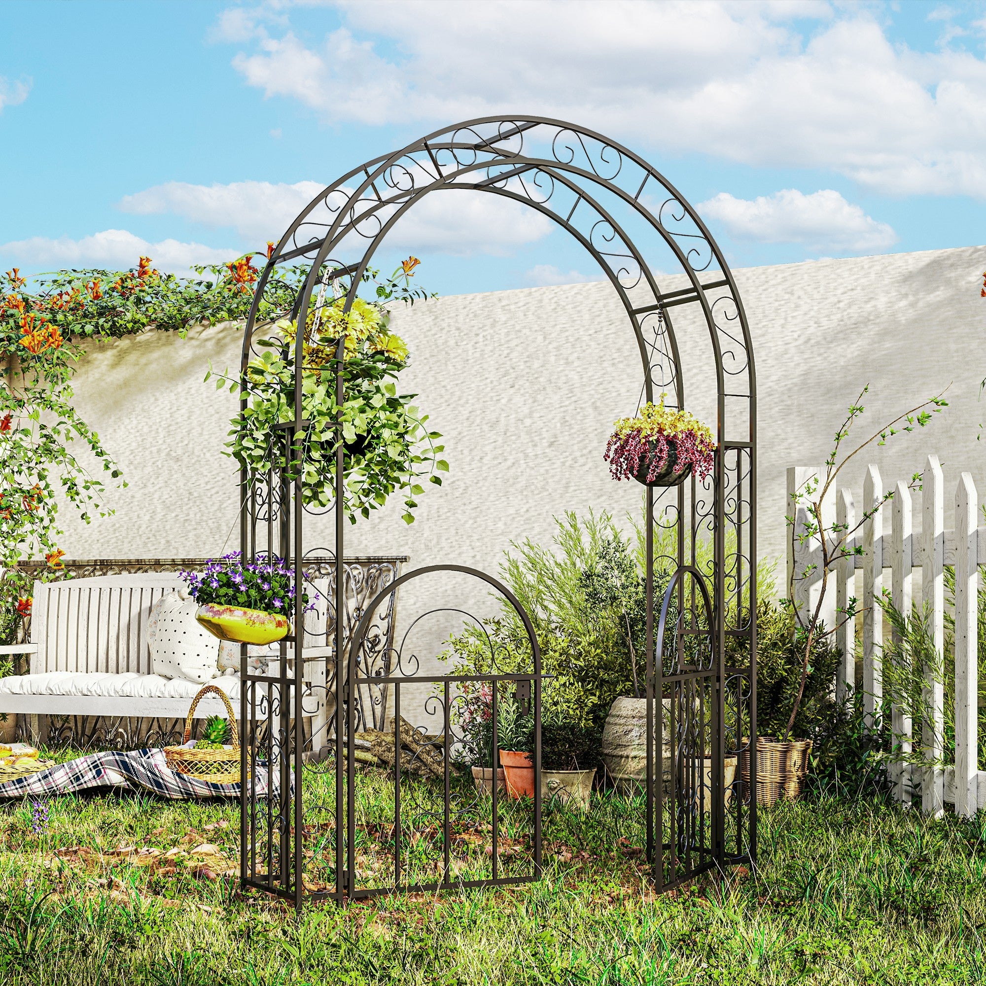 Outsunny 7.4ft Steel Garden Arch with Gate, Garden Arbor Trellis for Climbing Plants, Roses, Vines, Wedding Arch for Outdoor, Garden, Lawn, Backyard, Black 