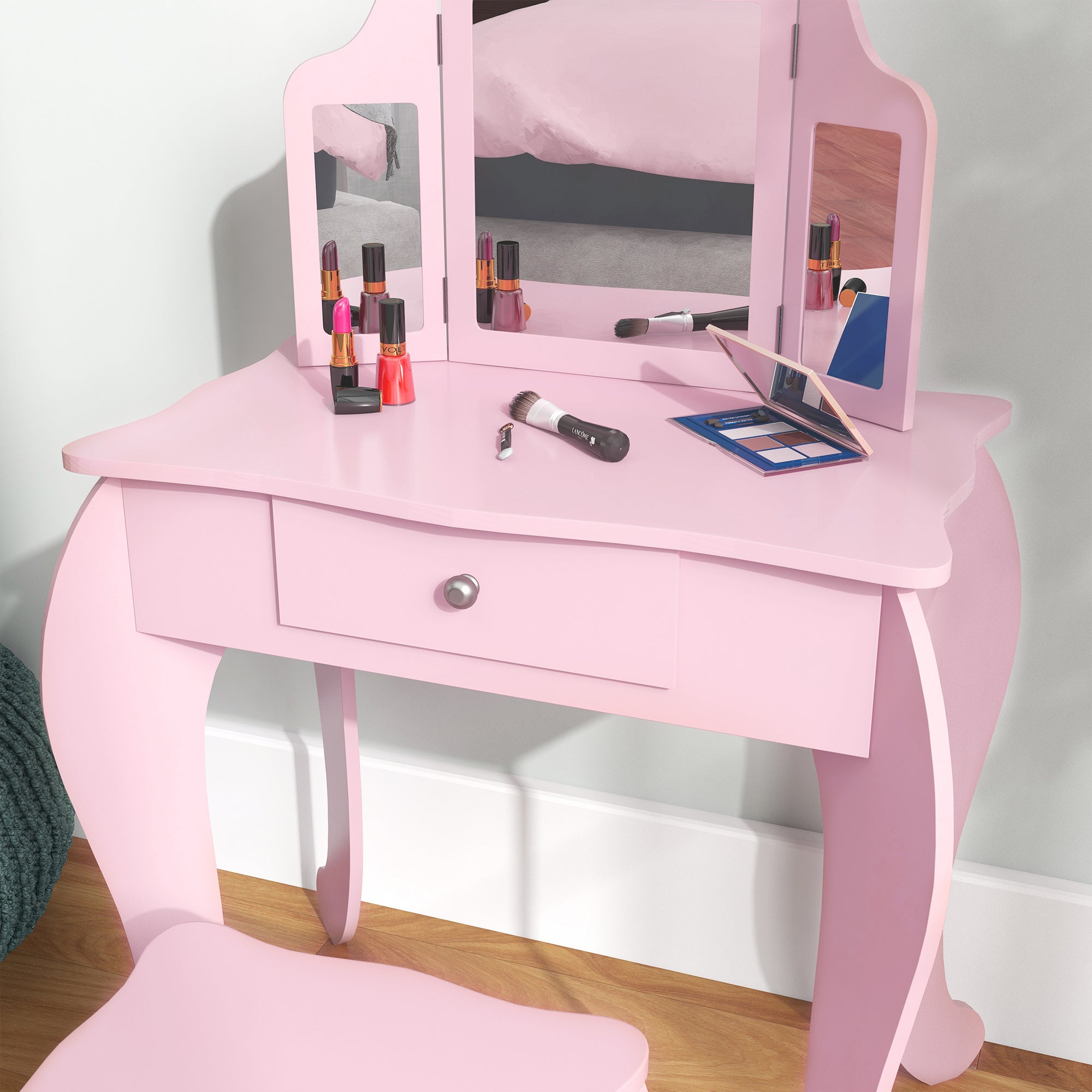 Qaba Star Heart Vanity Table: Tri-Fold Mirror, Drawer, Makeup Desk & Stool for Girls, Pink 