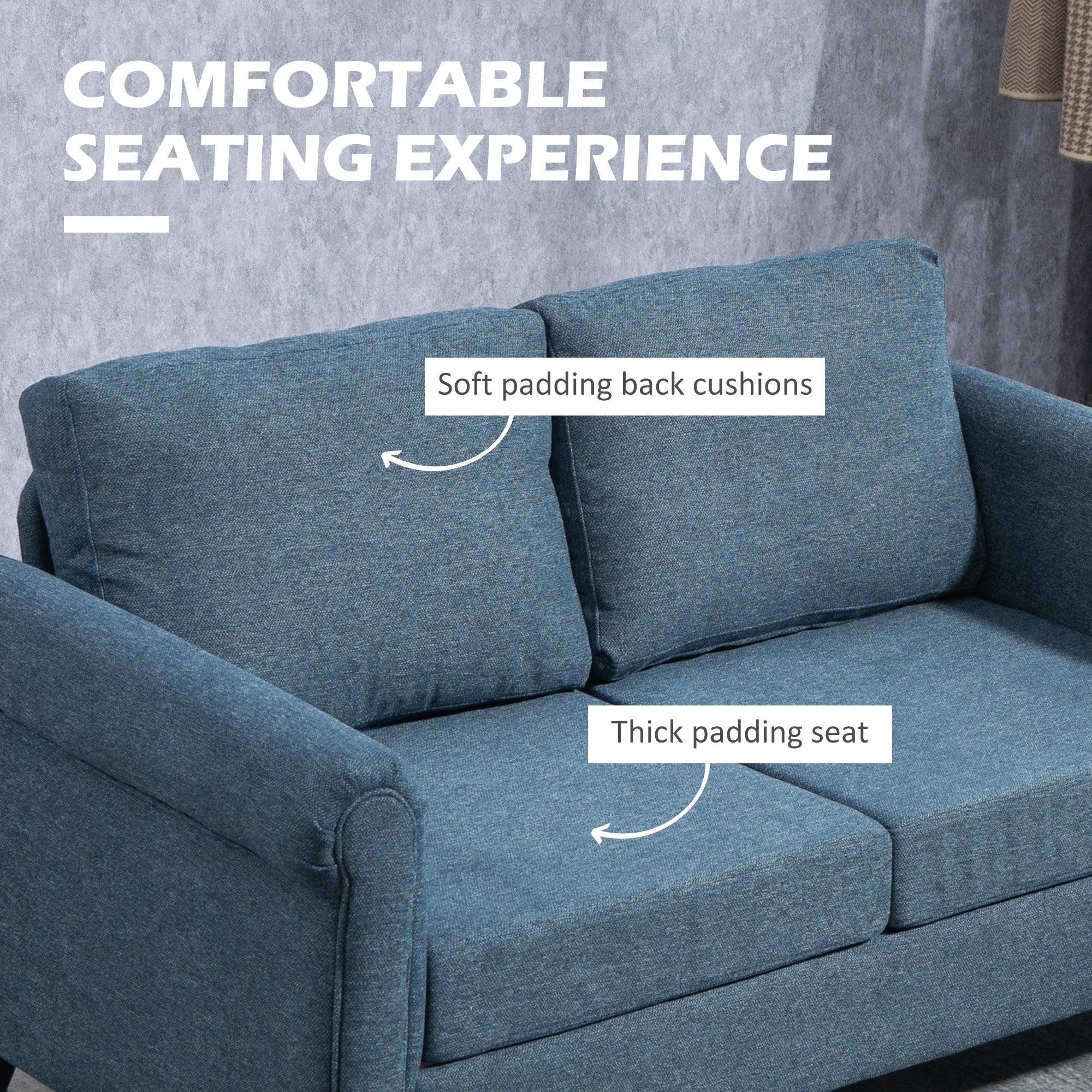 HOMCOM Vintage Loveseat, Upholstered Love Seat Furniture, Fabric 2 Seater Sofa with Rolled Arms, Rubber Wood Legs, Dark Blue 