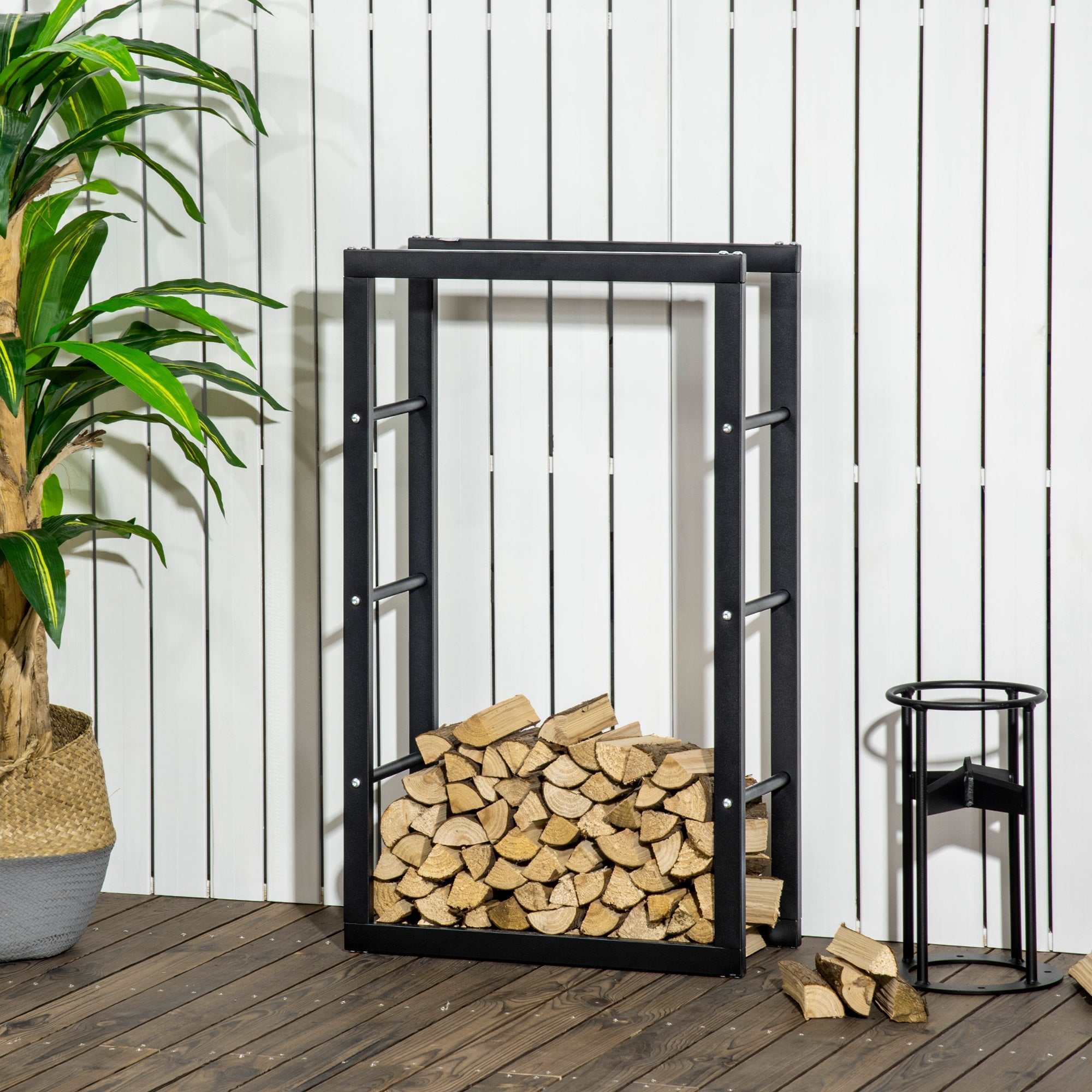 HOMCOM Durable Firewood Rack Log Holder, 23.6" Fireplace Storage with Handles, Heavy-Duty 220 lbs. Capacity, Sleek Black 