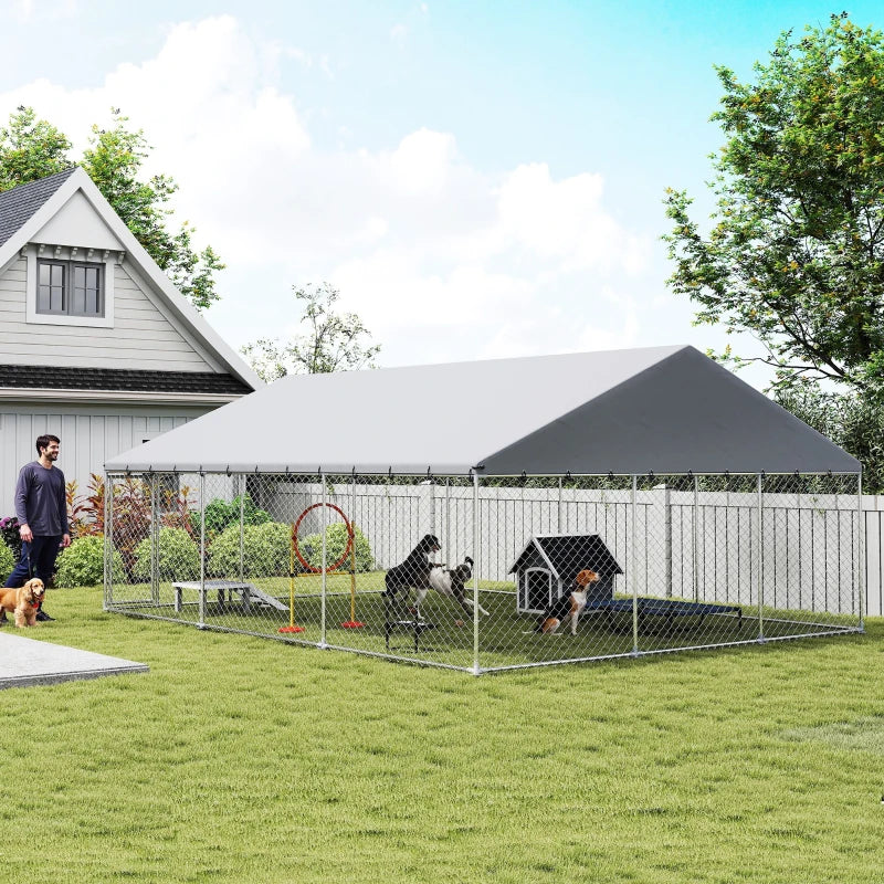 Galvanized Steel Outdoor Dog Kennel with Roof, Safety Locks, for Backyard, 19.7' x 14.8' x 7.9'