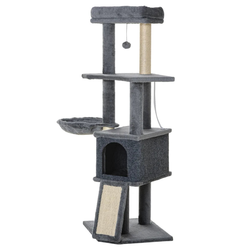 50 Inch Cat Tree, Multi-Level Cat Tower with Sisal Scratching Posts and Ramp, Bed, Condo, Hammock, Toy Ball, Grey